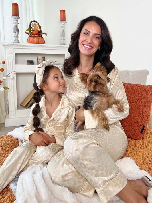 Mommy and Me Cream Leopard Print Silk Pajama Set